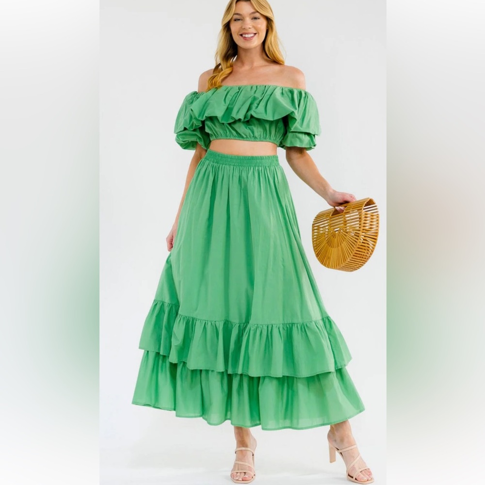 Honey Mango NWT Ruffled Tiered Green Cotton Maxi SKIRT ONLY Size Large